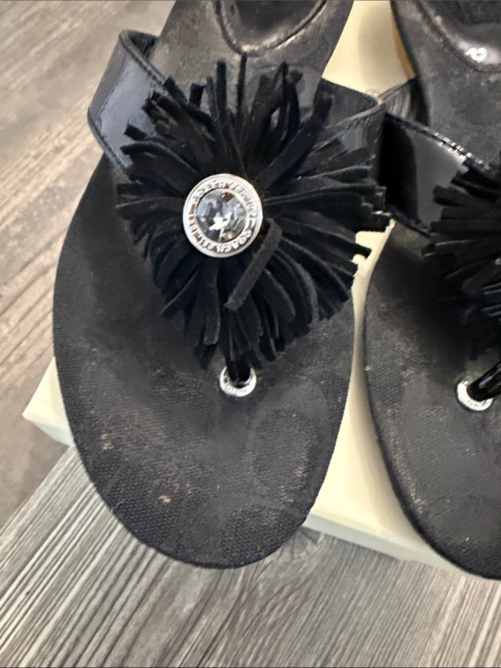 Coach Black Signature Logo Thong Sandals with Gem Accent Size 8 - Picture 3 of 7